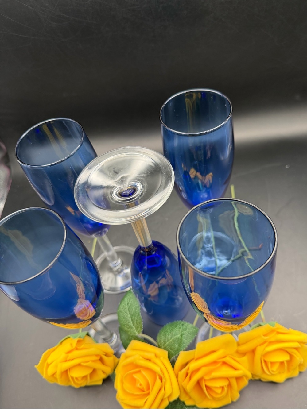 Beautiful Antique Hand Blown Cobalt Champagne Flutes - Set of 5